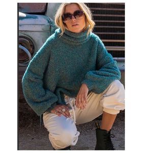 POL Oversized Teal Turtleneck Sweater with Side Vents in S M L